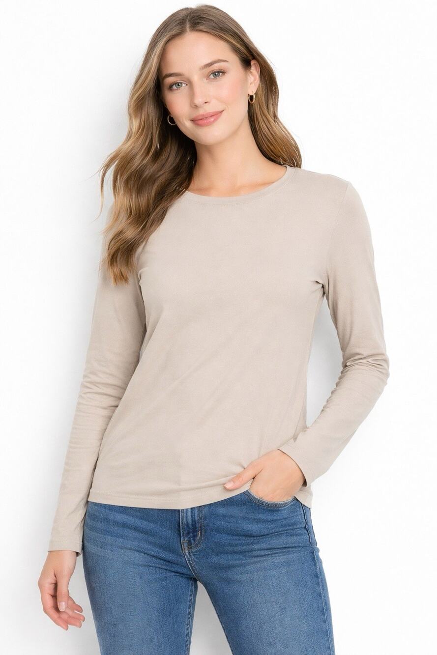 H&M Women’s Beige Long Sleeve Top Size L Stretch Crewneck Basic Minimalist
